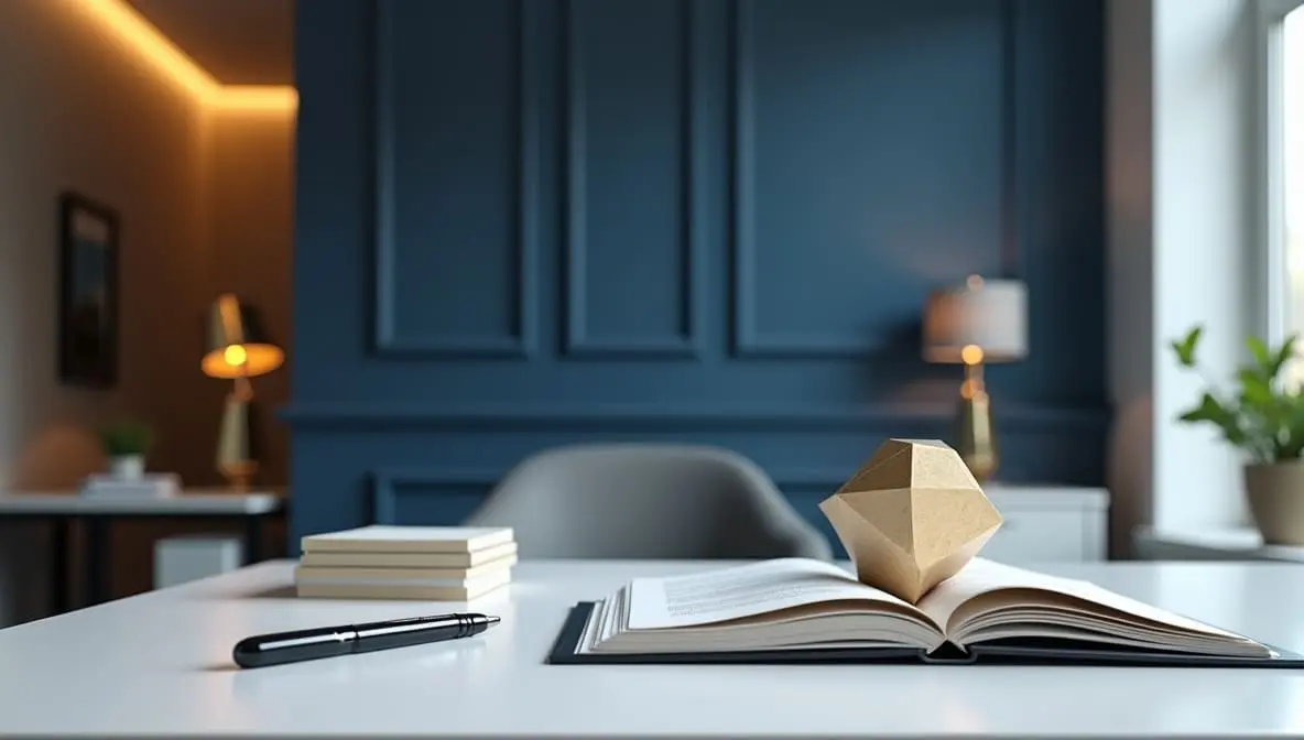 Escritorio de trabajo con libro abierto y material de planificación financiera